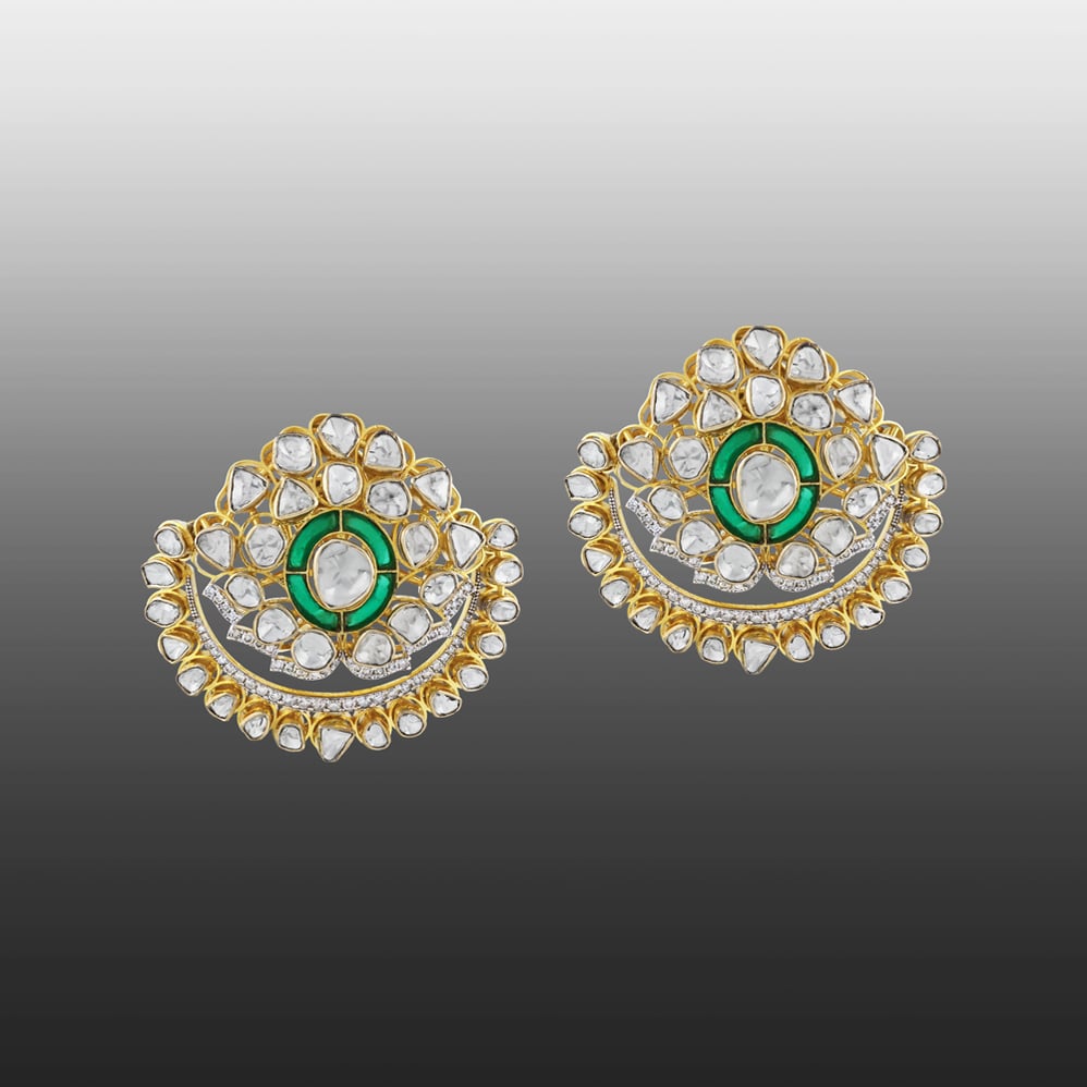 Polki Floral Earrings with Green Talaf Center and Diamonds
